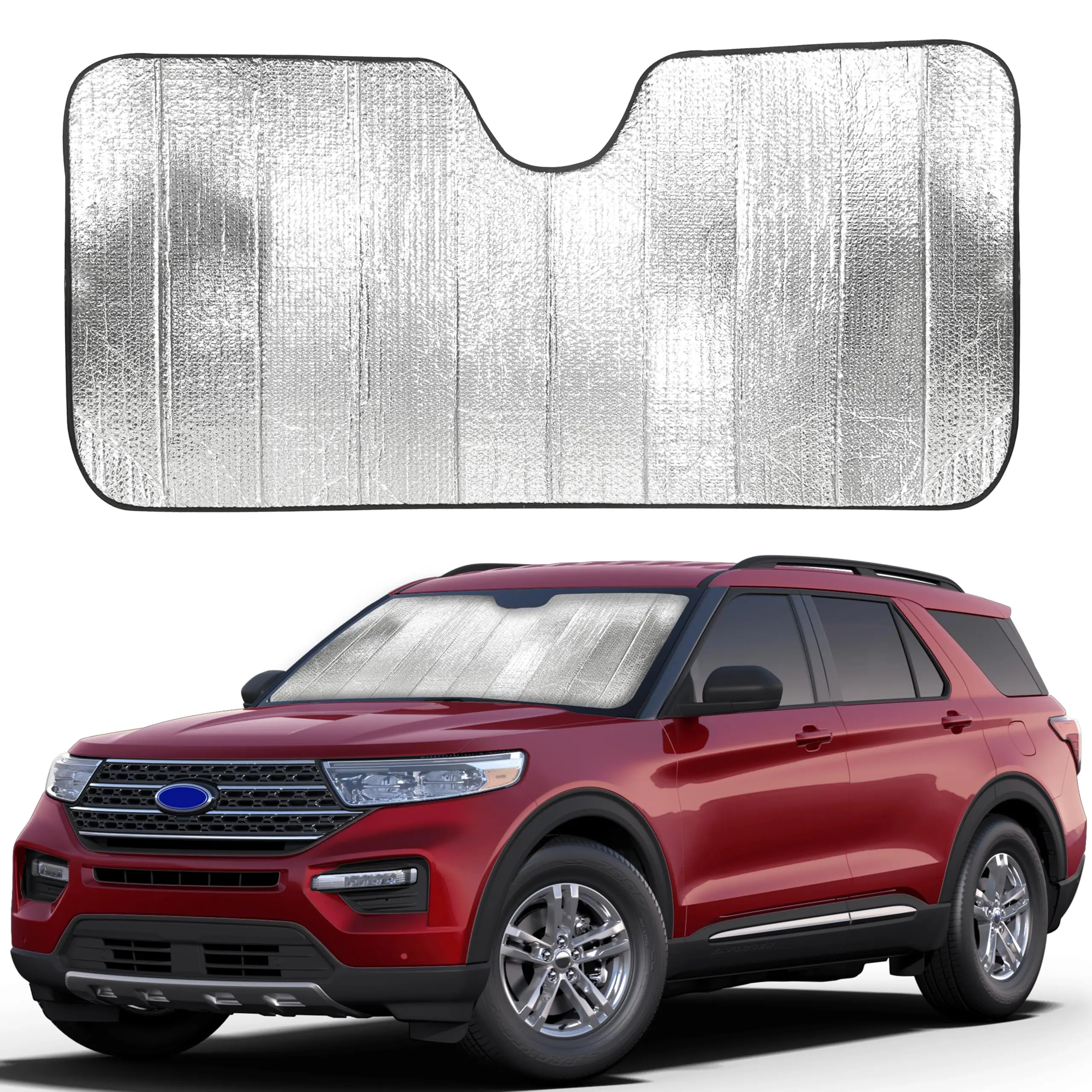 EcoNour Aluminum Reflective Sun Shield Front Window (58"x28") - Visor-Mounted, Heat-Blocking, UV Light Filtering, Quick Buckle, Easy-to-Use Accordion Fold Design, Universal Automotive Exterior Protection, Manufacturer Warranty, Daily Use
