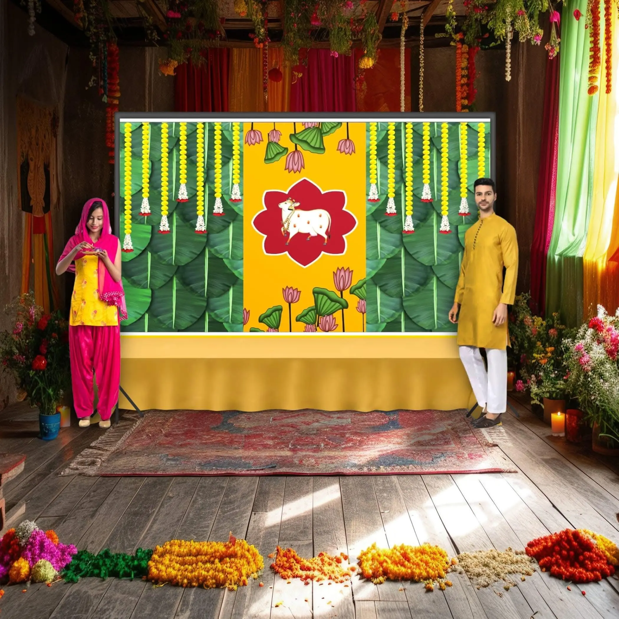 Elegant Cow & Marigold Backdrop | Traditional Indian Pooja Wall Art | Sacred 5x8 ft Decoration | Perfect for Festivals & Weddings