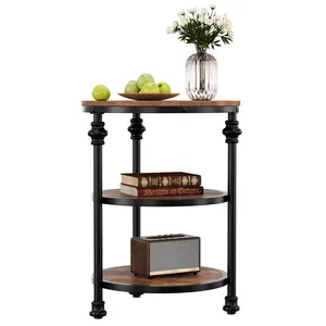 End Table, Space-Saving 3-Tier Round Coffee Table – Rustic Brown Side Table with Storage Shelf, Accent End Table for Living Room or Bedroom, Ideal for Small Spaces ﻿