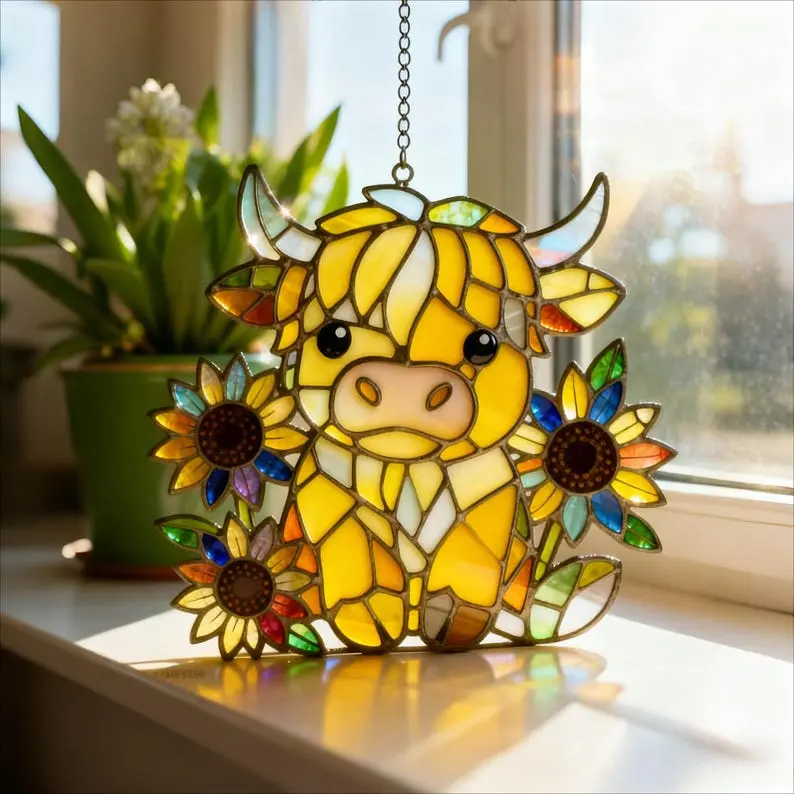 Sunflower Highland Cow Stained Glass Suncatcher, Unique Handmade Holiday Gifts, Farmhouse Wall Art Home Decor, Rustic Home Gift