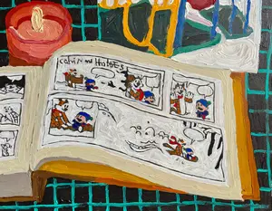 “Comics, Upside-Down Painting, and Candle” — Original Painting