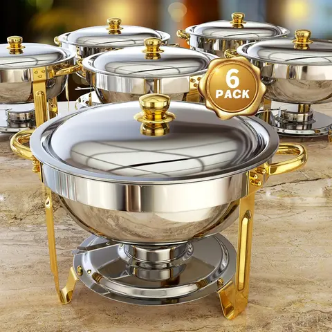 Chafing Dishes for Buffet 6 Pack, 5QT Round Chafing Dish Buffet Set Stainless Steel Buffet Food Warmers Sets for Catering Events Parties Dinners with Complete Set