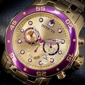 Invicta Men's Gold Chronograph Watch — Pro Diver 48mm — Purple Bezel and Accents, Gold Dial, Stainless Steel Bracelet, 200M Water Resistant — Authentic, New in Box