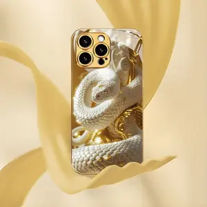 Premium Platinum Snake New Electroplated Gold Phone Case for iPhone 16, 15, 14, 13, 12/iPhone 16, 15, 14, 13, 12 Plus/iPhone 16, 15, 14, 13, 12 Pro/iPhone 16, 15, 14, 13, 12 Pro Max/iPhone 11/11 Pro/11 Pro Max Full-Coverage Anti-Shock Tempered Glass Prote