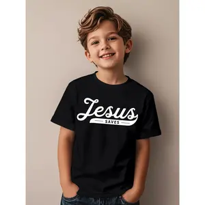 Jesus Saves Christian T-Shirt - & Short Sleeve White Tee with Cursive Lettering & Verse Design, Religious Church Outfit, Casual Christian Apparel for and (Machine Washable) (3-13Y)