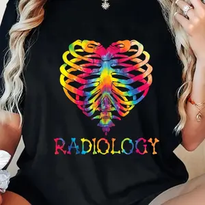 1 pieceRadiology Heart Rib Tattoo T-Shirt, for X-ray Technicians, Machine Washable, Radiology, FashionSummer fashion new holiday gifts Black CLL T-shirts-5258