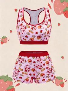 Strawberry Shortcake  Strawberry Girl Cartoon Print Sports Bra And Shorts 2 Pieces Set, Casual Homewear & Yoga Outfit