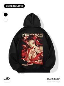 Demon Slayer Nezuko Blood Demon Print Loose Hoodie with Pocket, Casual Breathable Sweatshirt for Men and Women, Trendy