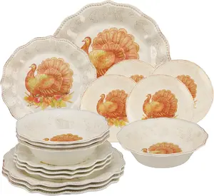 16 Piece Glitter Turkey Melamine Dinnerware Sets, Outdoor Dishes Set, Plates and Bowls Sets, Autumn Thanksgiving Decorations, Service for 4, Orange