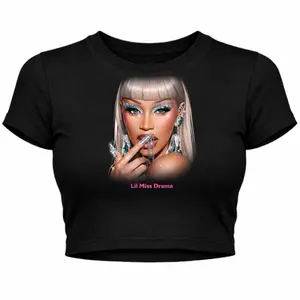 Lil Miss Drama Women's Black Crop Top with Graphic Print and Round Neck for Casual Wear