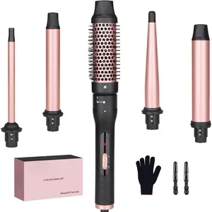 5 in 1 Curling Wand Set -  Curling Iron Set 1/2 to 1 1/4 Inch Beach Waves Wands 1 1/2 Inch Thermal Brush Fast Heating Up Hair Curlers for Women with Protective Gloves Clamps (Rose, Black)