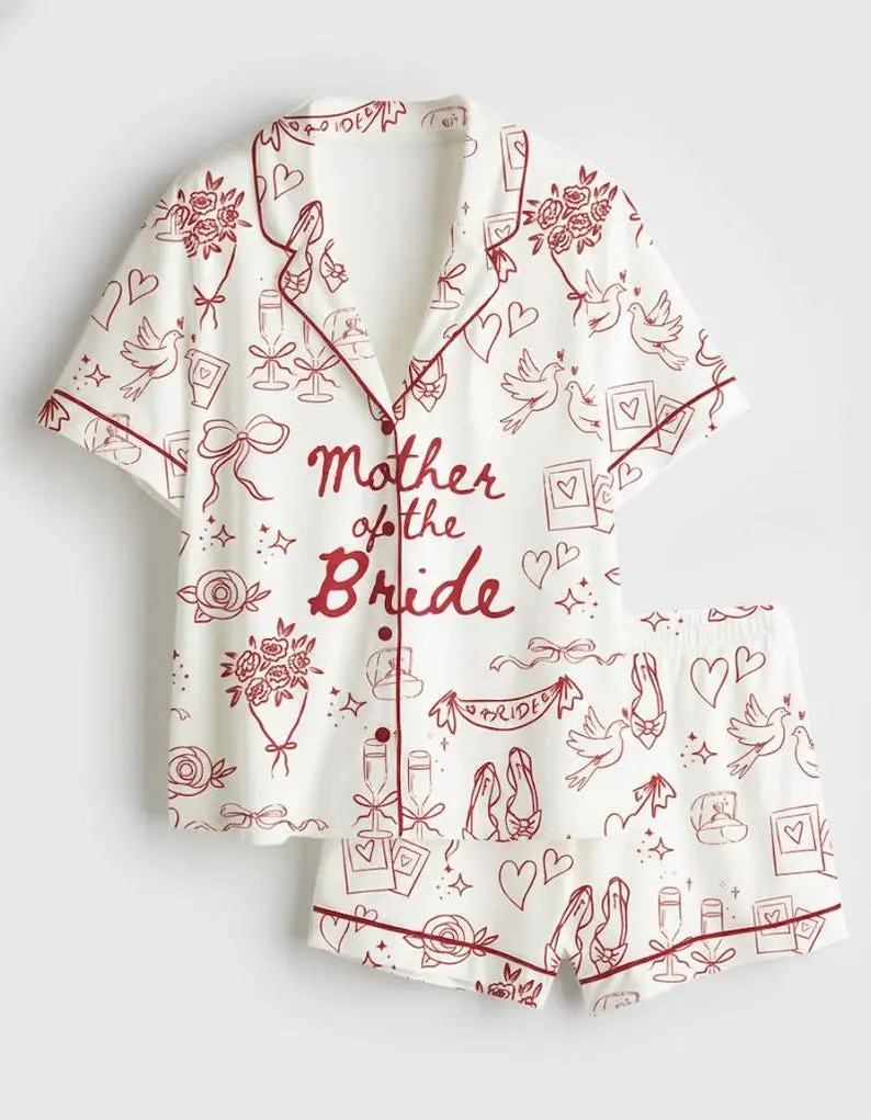 Mother Of The Bride Satin Short Pajama Set, Going To The Chapel Getting Ready Wedding Party Red Short Pajamas, Matching Family Sleepwear Set, Pajama Set For Men Women Kids