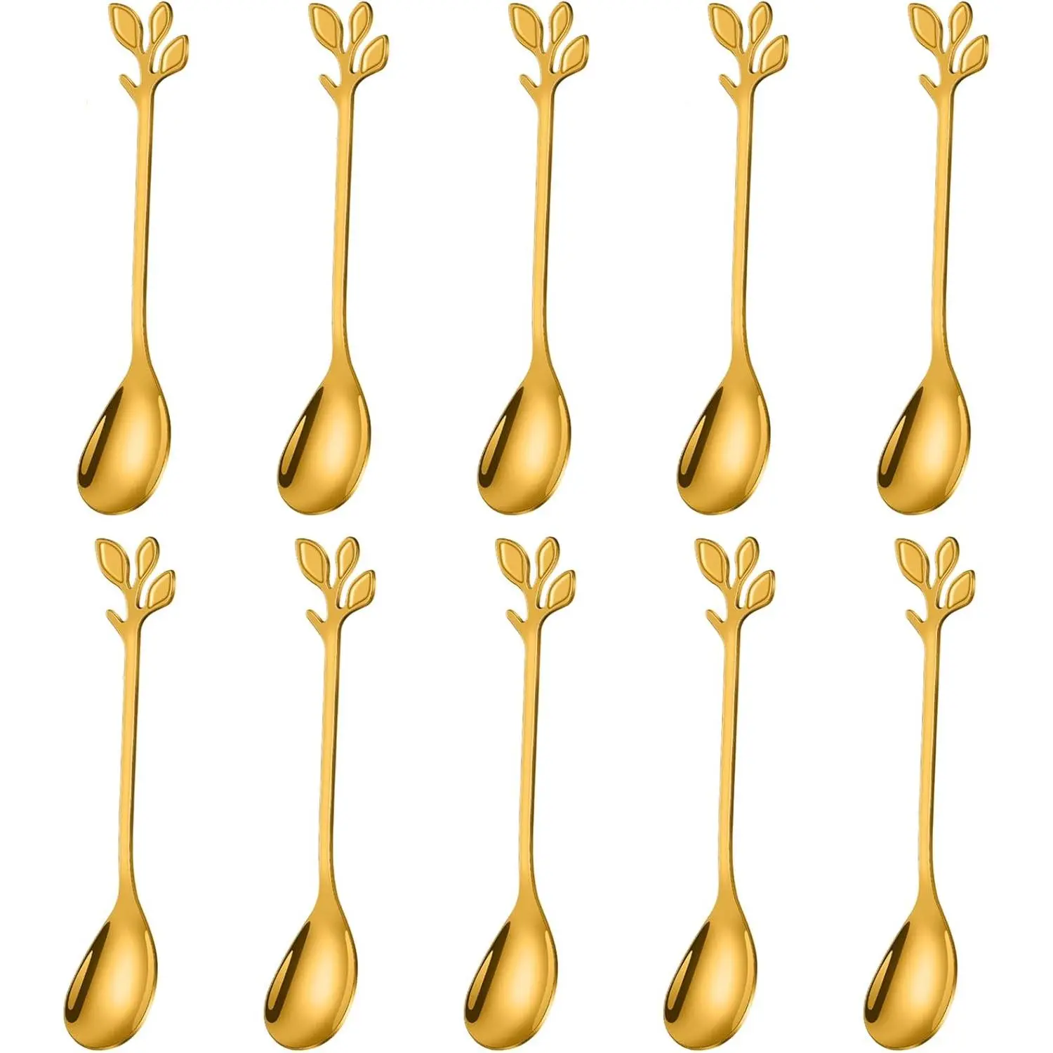 AnSaw Leaf Handle Demitasse Espresso Spoons,4.7" Gold Mini Coffee Spoons,Stainless Steel Small Spoons,Tea Spoons for Dessert, Set of 10