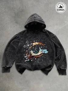 Unisex Vintage Washed Dark Street Style Hoodie, Graphic Starburst Print, Loose Fit Drop Shoulder, Casual Youth Fashion