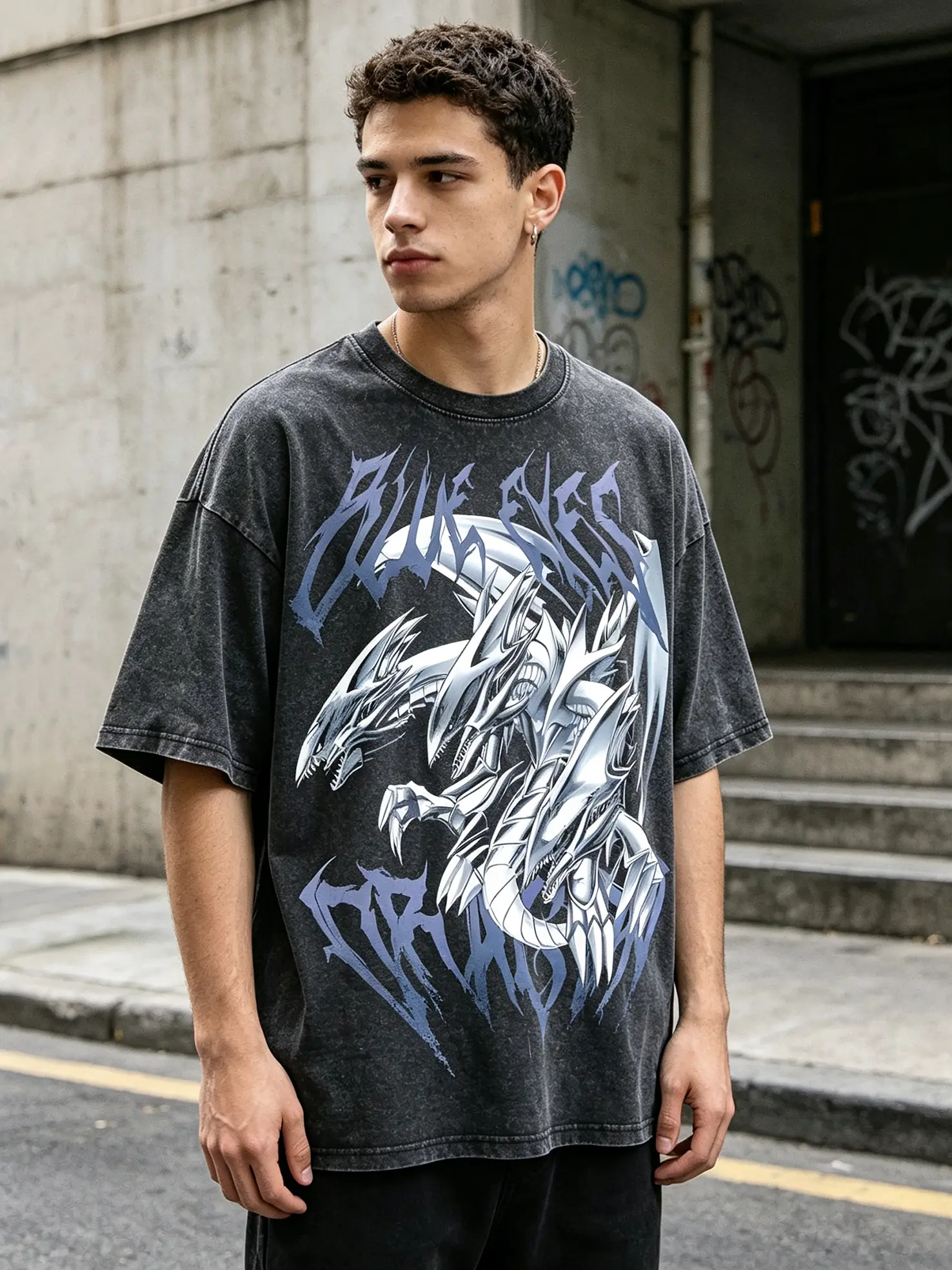 Retro Vintage Washed Graphic T Shirt, Yu-Gi-Oh Blue Eyes Ultimate Dragon Anime Print Tee, Oversized Loose Short Sleeve Streetwear Top, Soft Breathable Retro Manga Casual Tee for Card Game Fans Men Women Daily Outfit