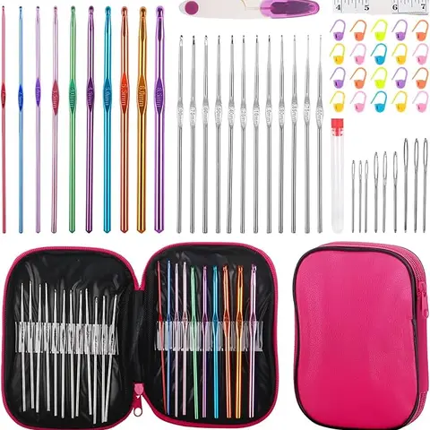 MECHEER 54 Pcs Crochet Needles Set with Storage Case Ergonomic Knitting Hooks Stitch Marker DIY Hand Knitting Craft Art Tools for Beginners