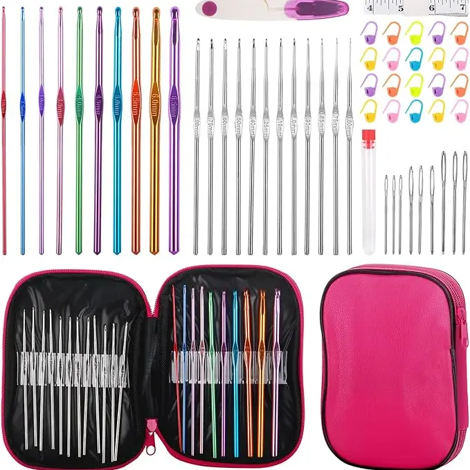 MECHEER 54 Pcs Crochet Needles Set with Storage Case Ergonomic Knitting Hooks Stitch Marker DIY Hand Knitting Craft Art Tools for Beginners