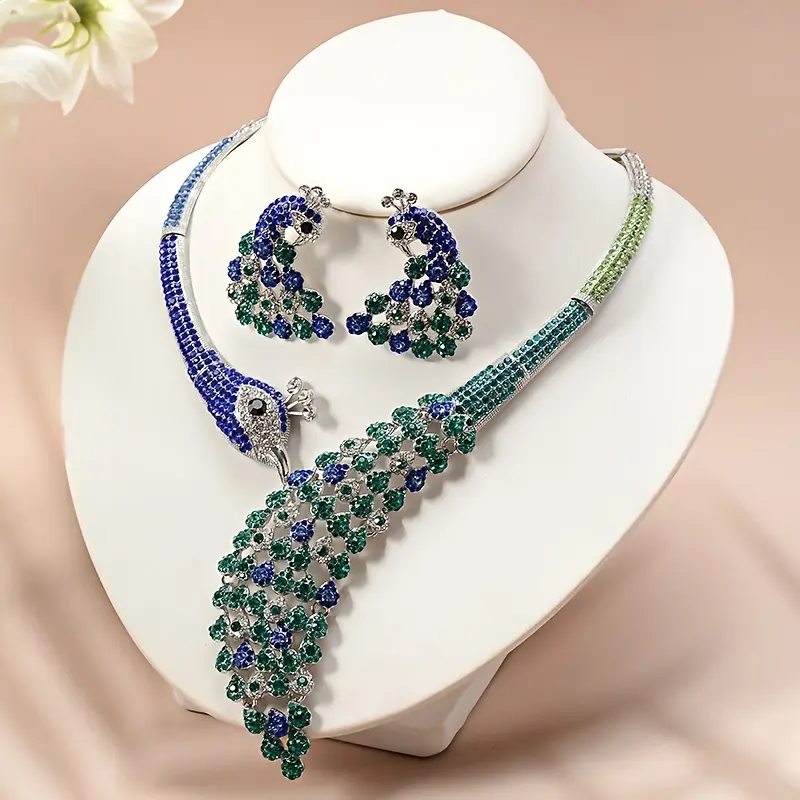 Women's 2-Piece Glamorous Alloy Rhinestone Costume Jewelry Set - Peacock Earrings & Necklace, Ideal for Banquets, Valentine's Day Gift, Female, Party