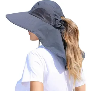 Womens Sun Hat Outdoor  Protection Wide Brim Fishing Hat with Ponytail Hole Neck Flap for Beach Hiking Camping