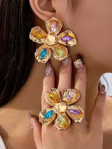 3-Piece Fashionable Statement 3D Metal Flower Earring and Ring Set, Multi-Color Synthetic Zircon Design for Everyday Wear, Vintage Gift, Elegant Jewelry Set