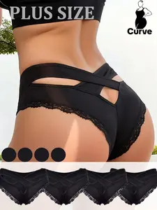 【Plus Size】 Solid Color Panty, High Cut Panty, Women's Plus Size Knicker, Soft Comfy Breathable Panties Set for Daily Wear, Women's Underwear for All Seasons, Fashion Breathable Underwear, Everyday Wear Panties