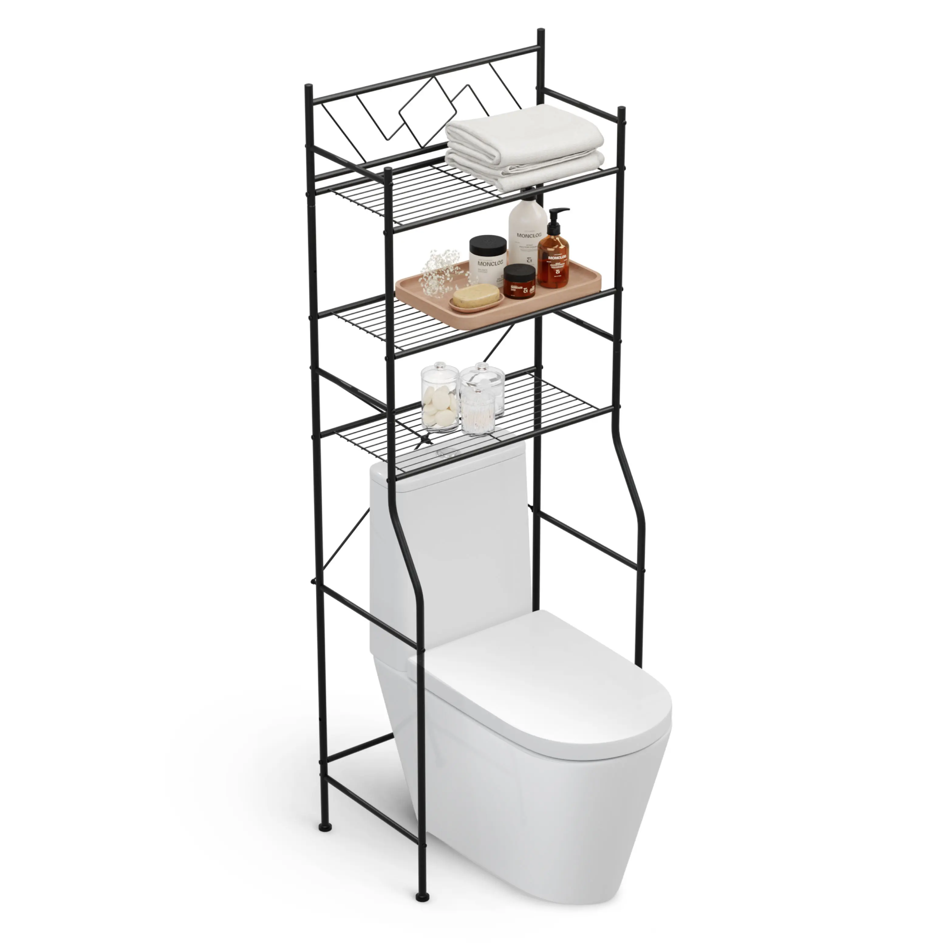 Home Zone Living 3-Tier Over the Toilet Bathroom Storage Organizer with Wide Stabilizing Base, Matte Black