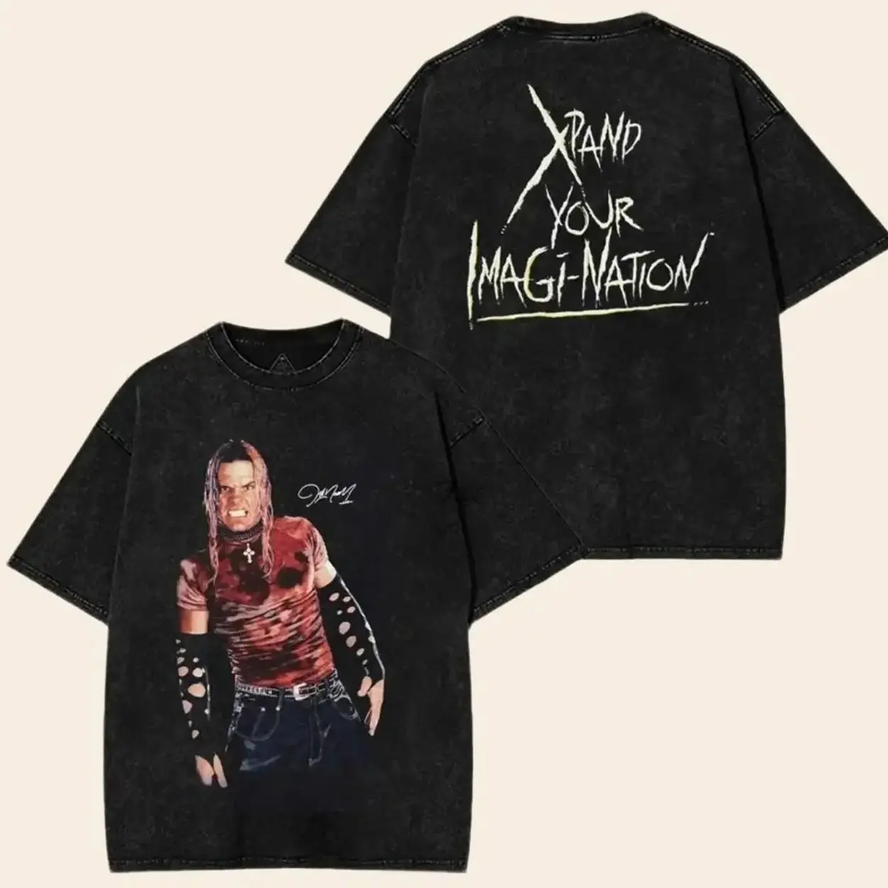 Vintage Jeff Hardy Washed T-Shirt oversized unisex Wrestling WWE Fans Menswear Cotton Crewneck Premium American Made Acid Wash 100% Cotton Oversize Tee shirt wwe fan Fabric Top