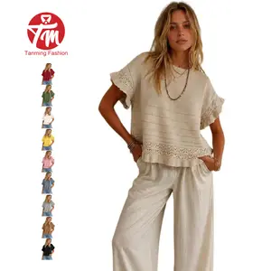 Tanming Lady's Knitting Basic Women's Clothes - Short-Sleeve Crochet Knit Top, Ruffle Hem, Hollow Out Pointelle Crewneck, Loose Boho Eyelet Pullover Blouse for Casual & Office Wear