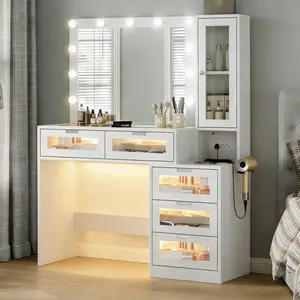Makeup Vanity Desk with LED Lighted Mirror, Tempered Glass Top, Side Cabinet, Power Outlet, and Drawers with Lighting, White Vanity Table for Bedroom