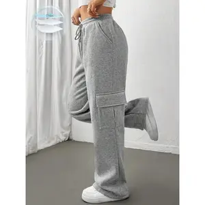 Women’s solid side-pocket sweatpants, casual streetwear trousers for daily wear, ladies’ fall and winter bottoms, casual fashion trousers