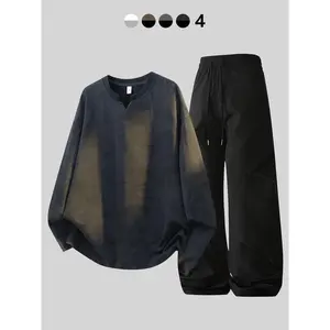 Men’s Two-Piece Set – Casual Solid Color Long-Sleeve Sweatshirt & Drawstring Waist Pants, Perfect for Autumn and Winter