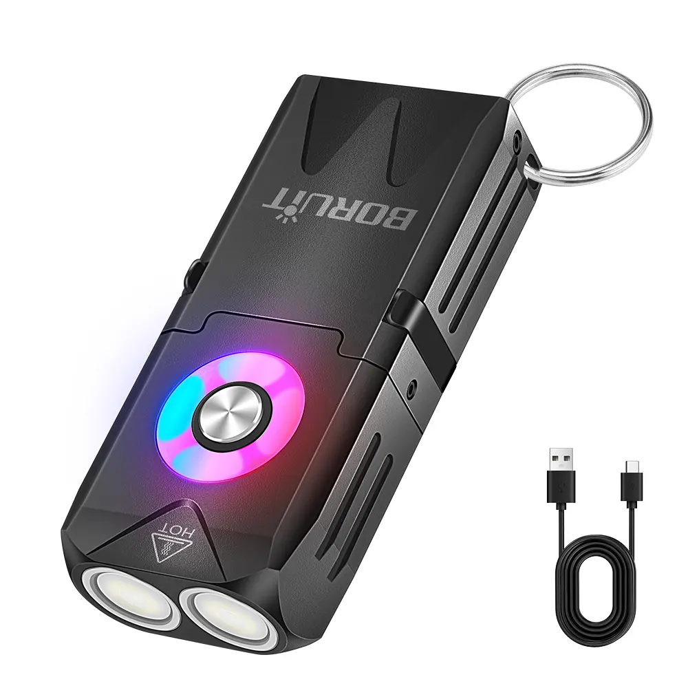 FANDYFIRE EV25 1000-Lumen High-Brightness USB-C Rechargeable Mini LED Keychain Flashlight, RGB Color Changing, Magnetic, Built-In Batteries Cells, Multifunctional for Hiking/Camping, Portable Outdoor Wall Light Torch