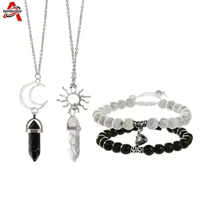 2026 NEW 4Pcs Jade Sun Moon Synthetic Stone Magnetic Couple Bracelets Long Distance Friendship Matching Turquoise Beaded Bracelets for Women Men Gift