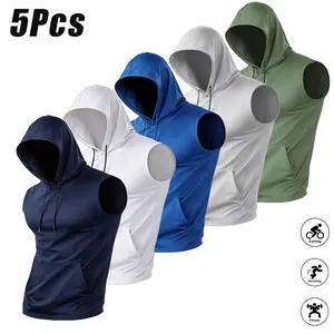 Men’s 5-Pack Summer Hooded Sleeveless Sports Vests - Lightweight, Breathable, Sheer, Cool, Comfortable, Streamlined Fit for Fitness, Freedom of Movement