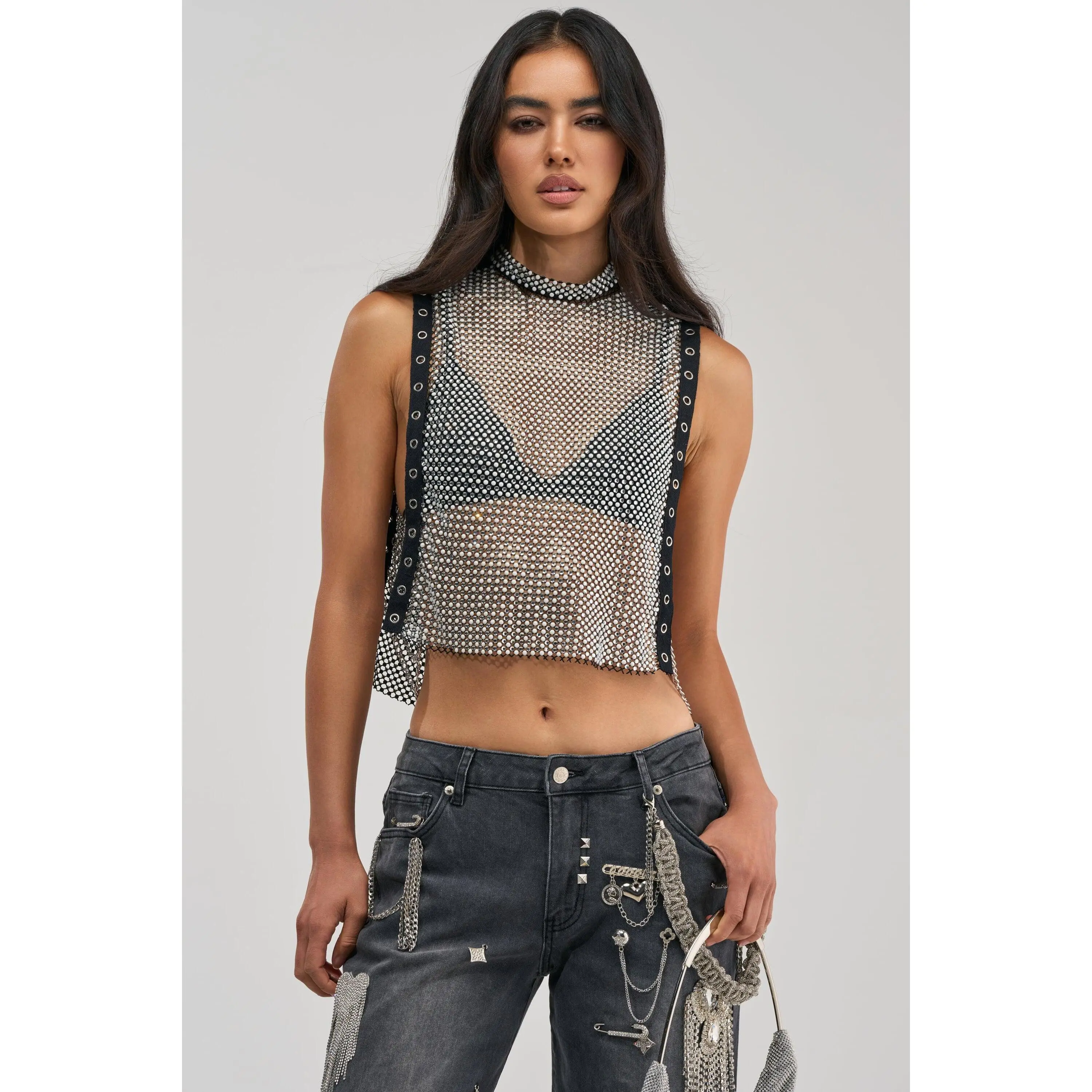 NO CRYING IN THE CLUB RHINESTONE MESH TOP