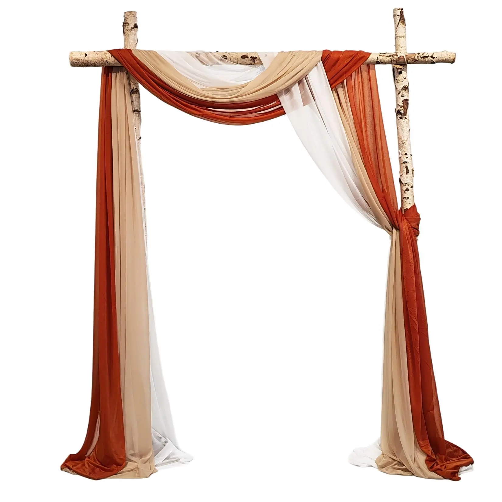 Chiffon Wedding Arch Draping Fabric Set (2.5x19.5 ft, 3 Panels) - Romantic Photo Backdrop for Outdoor Bridal Ceremony, Light Brown/Brick Red/White - Fits Arbor, Porch Furniture, Event Shelter, Aviation Aluminum Frame, Outdoors