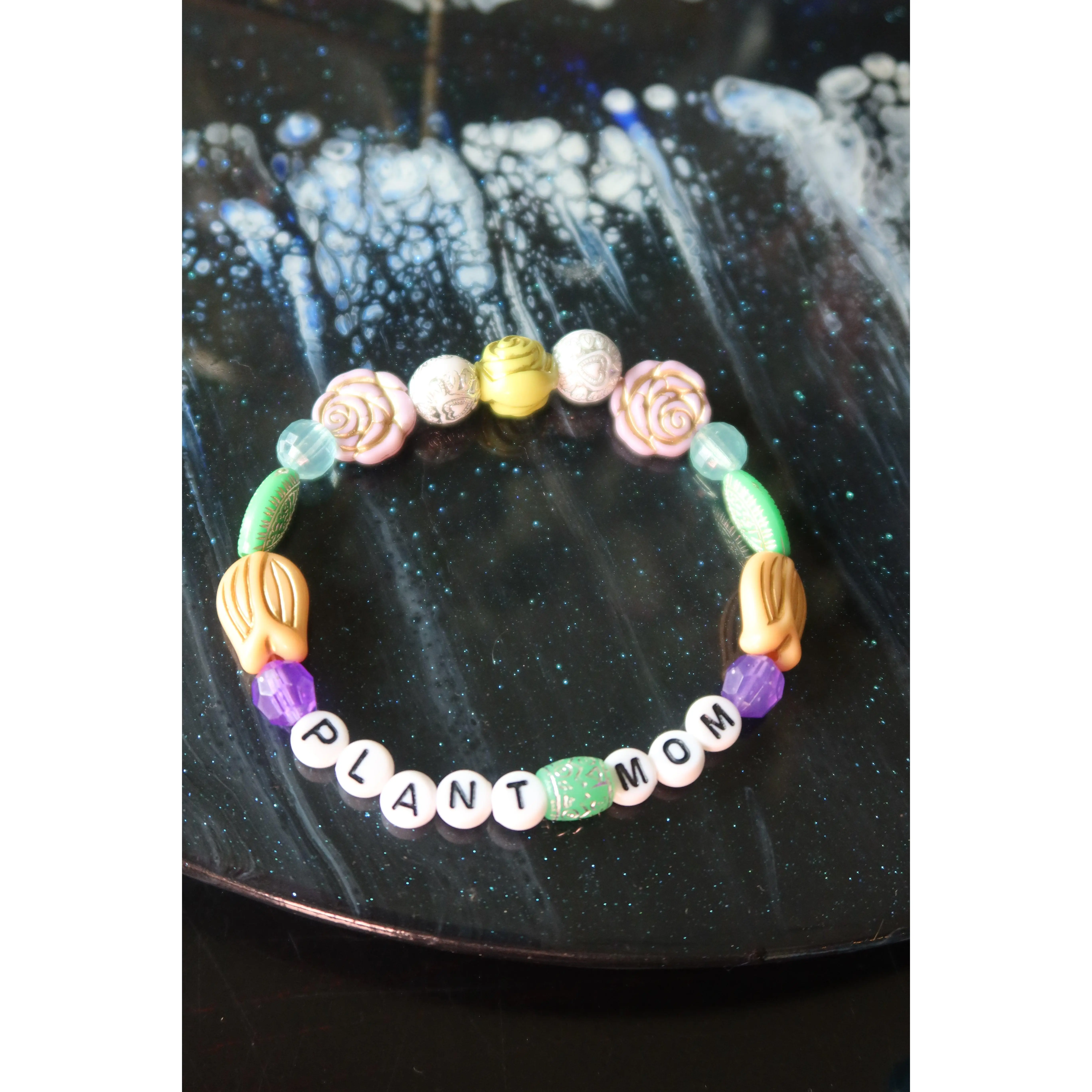 Plant Mom Bead Bracelet, 1 of 1 Kandi Style with Multicolored Floral Accents, Metallic Details & Stretchy Fit, One Of One, Fanci Kandi