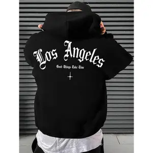 Men's Los Angeles Letter Print Thermal Lined Hoodie, Casual Regular Fit Long Sleeve Hooded Sweatshirt for Fall & Winter, Men's Clothes for Daily Wear