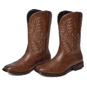 CELNEPHO Cowboy Boots for Men Western Square Toe Mid Calf Classic Embroidered Slip Resistant Vintage Cowboy Safty Boot