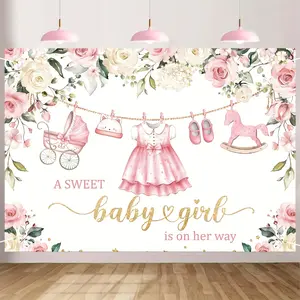 1pc Sweet Baby Shower Backdrop Cute Cartoon Watercolor Pink Floral Roses Multiple Sizes Eucalyptus Dressing Perfect for Party Decorations Photo Booth
