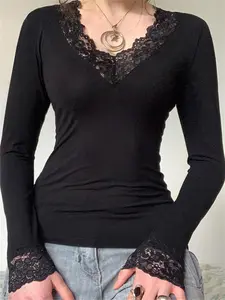 New Cross-Border Export V-Neck Lace Patchwork T-Shirt for Women, Fall Slim Fit Low Neck Innerwear, Long Sleeve Top