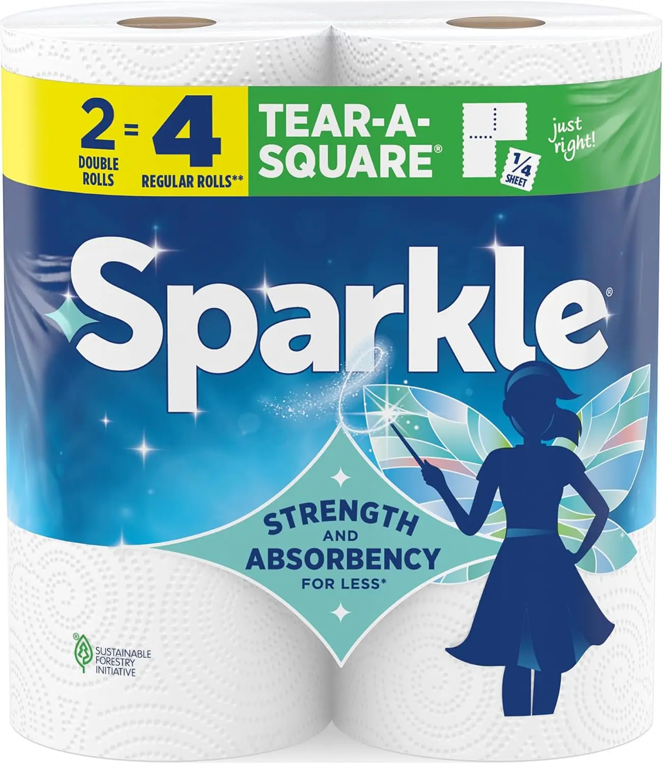 Sparkle Tear-A-Square 2-Ply Basic Paper Towels, 2 Double Rolls (220 Sheets Total) - Strong Rolls for Kitchen Cleanup