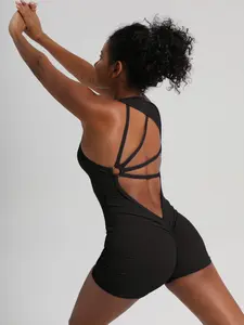 Women's Solid Color Criss Cross Backless Sports Romper, Casual Comfy Breathable Sleeveless Bodycon Romper for Yoga Gym Workout, Ladies Sportswear for Summer, Workout Jumpsuit