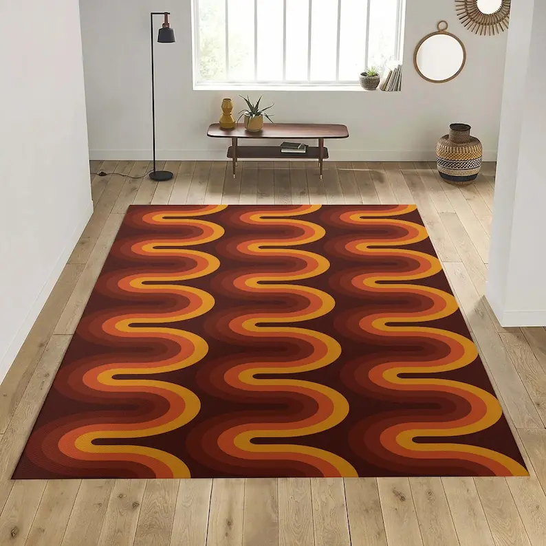 Brown Groovy Retro 70s Area Rug, Brown Orange Geometric Rug, Groovy Dorm Decor, Tangerine Mid Century Rug, Retro Home Decor, 1970s Groovy