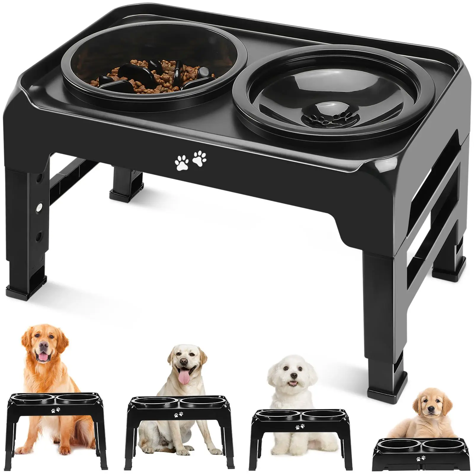 2 in 1 Elevated Dog Bowl, 1 Count Adjustalbe Heights Dog Bowl Stand with 1 Count Slow Feeder & 1 Count Water Bowl, Non-slip Dog Feeder for Medium Larg
