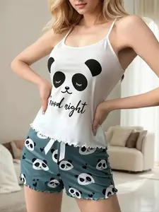 Women's Panda Print Cami Top & Shorts Pyjama, Cute Comfy PJ Set for Women, Women's Sleepwear for Summer, Lingerie