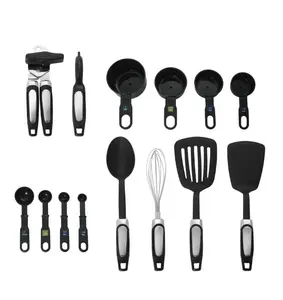 Professional 14-Piece Kitchen Tool and Gadget Kitchen Utensil Set in Black Silicone Cookware