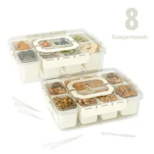 2 Pack, Beige Divided Serving Tray with Lid and Handles 8 Compartments Snack Box Container Charcuterie Organizer Snackle Box Container for Candy,Nuts,Fruits,Snacks