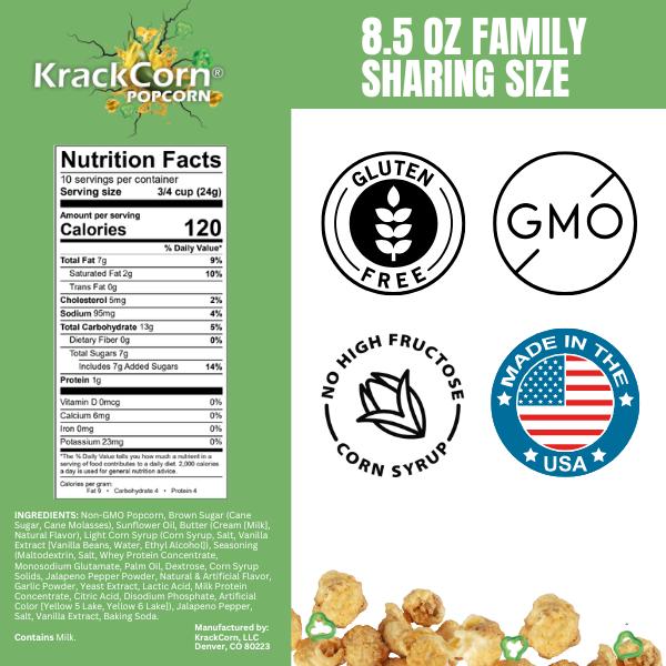 KrackCorn Popcorn Large Variety Packs+Options With A FREE Bag! Three Flavors. Crunchy Caramel. Savory Cheese. Spicy Jalapeno Heat. Gluten Free. Non GMO Corn. No High Fructose Corn Syrup.
