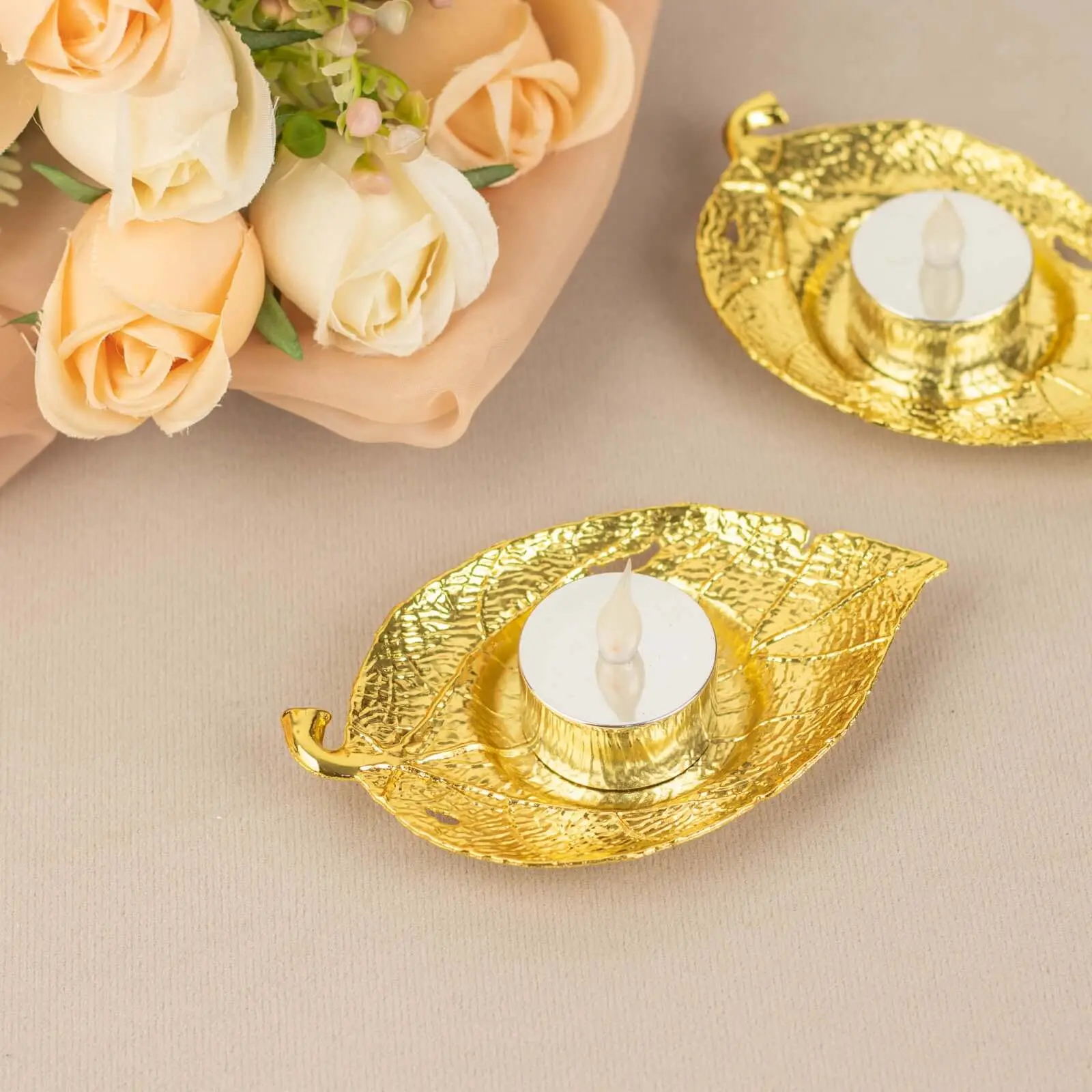 3-Pack Chic Gold Metal Votive Tea Light Candleholders, 5" Shiny Maple Leaf - Vintage Mini Tea Cup Saucers for Home Ornaments, House Countertop, Wedding Anniversary Decor, Chic Candleholder